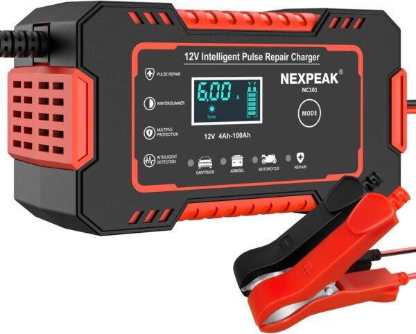 6A Car Battery Charger, NEXPEAK 6A 12V Smart Motorcycle Battery Charger, Automatic Repair Function Portable Battery Chargers for Car