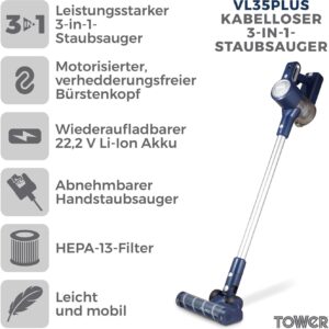 Aspirateur balai sans fil Tower VL35 - HEPA, anti-emmêlement