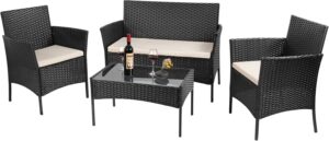 61v-AaUJ48L._AC_SL1500_.jpg bigzzia 4 Person Woven Resin Garden Furniture Set with 2 Armchairs, 1 2 Seater Sofa and 1 Table (Black)