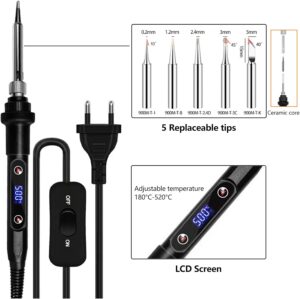 Fer a Souder Set,80W Temperature Reglable 180-500C Electronique de Precision avec Interrupteur ONOFF, 5 Conseils de soudage,Barre
