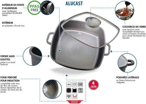 Elo 8668026 Mijoteuse carree avec couvercle en verre 28 cm, Faitout, Plat de service, Cocotte en fonte, Convient a tous types de feu