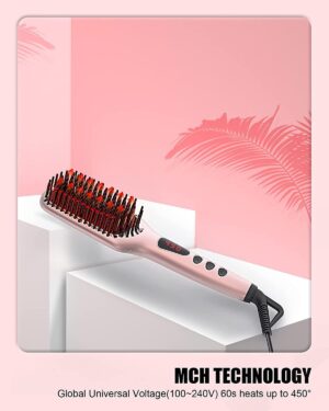 Lisseur a cheveux Megawise (2025) avec brosse en ceramique ; Fer plat double tension anti-brulure Cordon rotatif Arret automatiq