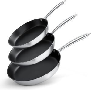61xb3jnynL._AC_SL1500_.jpg COOKNANO - Set de 3 Poeles Anti-Adhesives Multicouche 20, 24 et 28 cm - Revetement en acier inoxydable 4 epaisseurs-poignee ergonomi