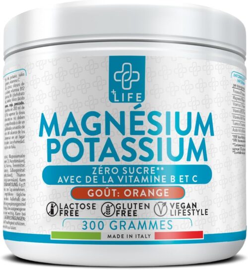 Potassium Magnesium Poudre 300g Orange PiuLife, Avec Vitamine B12, B6, B1, Acide Folique, Vitamine C, Complement Alimentaire Fatigue
