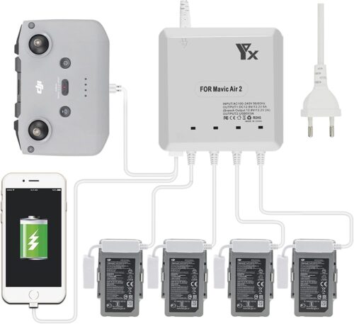 LYONGTECH Chargeur de Batterie 6 en 1 pour DJI Air 2S, Mavic Air 2 Drone, Charge 4 Piles et 2 Ports USB Simultanement, Station de Re