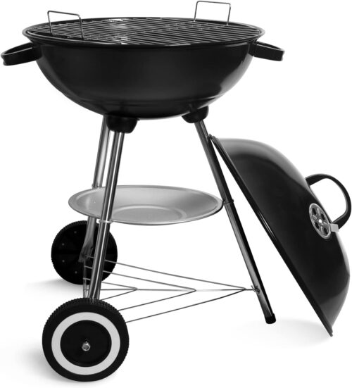 SunJas Barbecue a Charbon Rond, BBQ Mobile Barbecue Grill Portable de Jardin, avec Couvercle et 2 Roues - 46 44 70cm