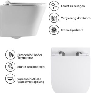 HOROW Rimfree Wall-Mounted Toilet Seat with Soft-Close Toilet Seat, Water Saving Length 48 cm White