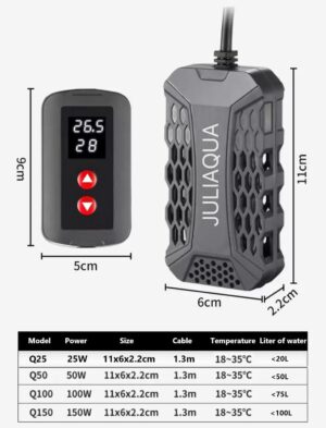 JULIAQUA Chauffage Aquarium avec Affichage Temperature Eco Rechauffeur reglable 25W50W100W150W (Q-25W)