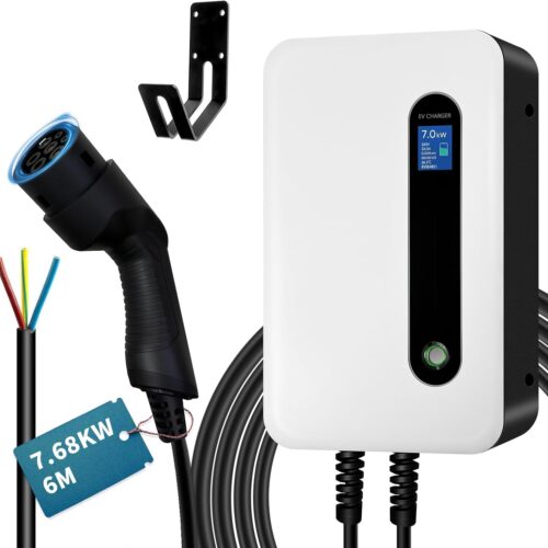 7KW Electric Car Charger, Type 2 EVSE Electric Car Charging with Digital Display (IEC 62196-2, 32A, 6 m), Single Phase Charging Stat