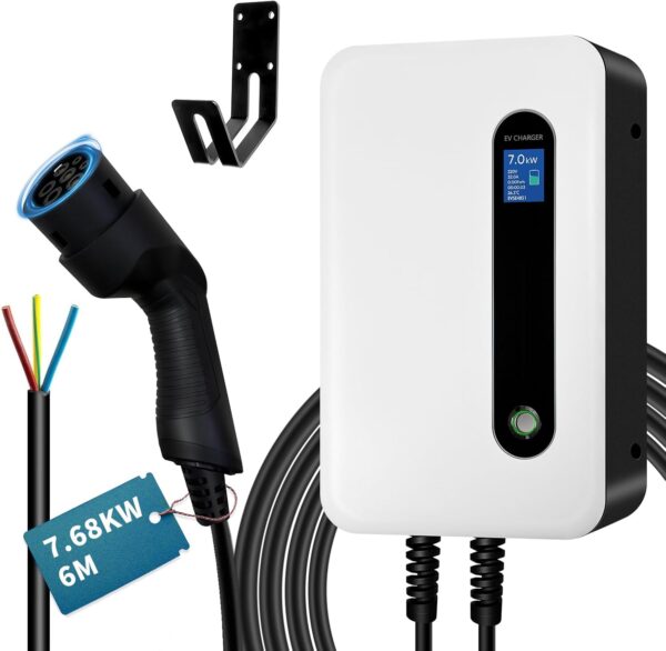 7KW Electric Car Charger, Type 2 EVSE Electric Car Charging with Digital Display (IEC 62196-2, 32A, 6 m), Single Phase Charging Stat