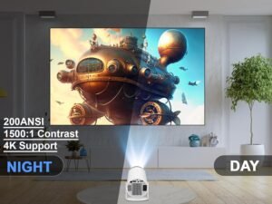 Mini Portable Auto Keystone Projector, 4K200 ANSI Smart Projector with WiFi 6, BT 5.0, 130 Inch, 180 Degree Flipping, Built-in Andr