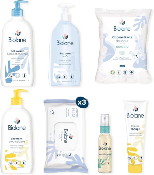 BIOLANE - Kit Naissance Premiers jours - Bebe - 216 Lingettes - Eau pure - Gel Lavant - Liniment - Creme change - Coffret Bebe - Pea