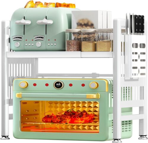 NLMWTI 2 Niveaux Extensible Etagere a Micro-Ondes Reglable, Support de Four a Micro-Ondes au Carbone, Organisateur de Rangement de C