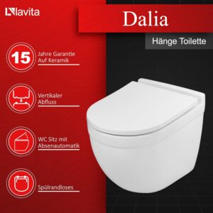 LAVITA Dalia Wall Mounted Toilet with Soft-Close Mechanism and Metal Hinges, Hanging Toilet without Rim, 360 x 520 x 410 cm, Glossy
