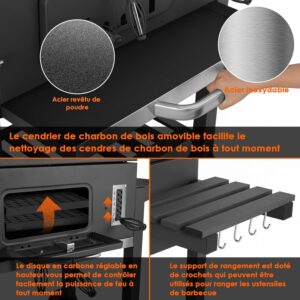 Barbecue au Charbon de Bois, XXL Grill a Charbon avec Couvercle, Barbecue Charbon de Bois Grande Taille avec Cheminee, Barbecue Char