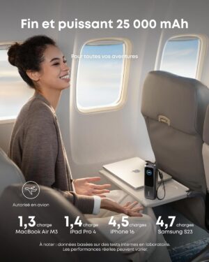 Anker Zolo Batterie Externe pour Ordinateurs Portables, Chargeur 25000mAh 3 Ports USB-C 100W pour Plusieurs appareils, cable integre