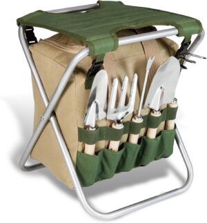 BIKAIN - Foldable Garden Stool - Tool Set - Storage Bag with Zipper - Includes 5 Wooden Remote Control Tools, Brown