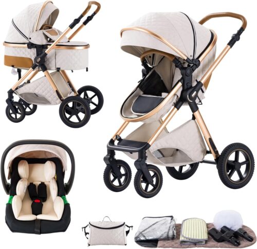 BEBBY Poussette 3 en 1, Poussettes Combinee Portable Pliant en Un Clic,Poussettes Citadines Avec Siege Auto, Poussette Canne Paysage