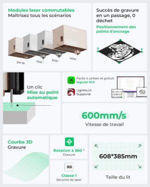 xTool S1 40W Graveur Decoupe Laser avec Panneau de Travail et Assistance d'air, Positionnement a Pin-Point, 600 mms, Gravure Laser