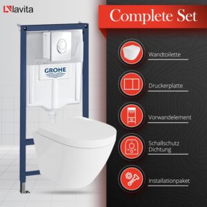 LAVITA Solido Start Wall Unit Sogo Wall-Mounted Toilet White Rimless Toilet Seat with Soft-Close Mechanism Chrome Button Complet
