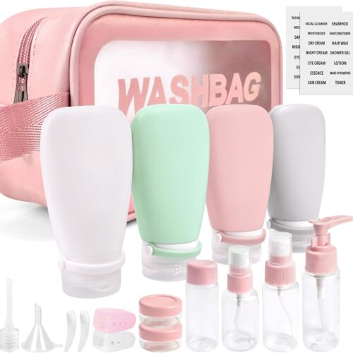 18 pieces of travel bottle, travel kit toiletries approved for aviation, suitable for shampoo, lotion, conditioner, shower gel, with