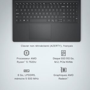 Dell Inspiron 15 3535 Laptop 15.6 Inches FHD (1920 x 1080), AMD Ryzen 5 7520U Processor, AMD Radeon Graphics, 8GB RAM, 512GB SSD, Wi