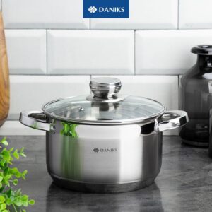Daniks Standard Marmite Inox 20 cm 4 Litres, Faitout avec Couvercle en Verre, Tous Feux y Compris Induction, avec Echelle de Mesure,