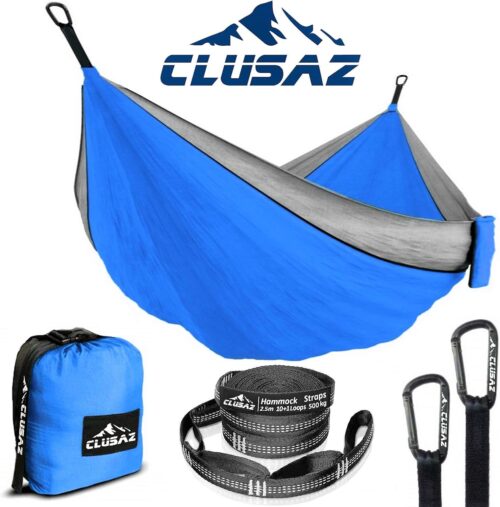CLUSAZ Hamac Double 300 x 200cm, 2 Places Hamac, avec 2 Sangles pour Arbres, 2 Mousqueton, Mobilier de Camping pour Exterieur, pour