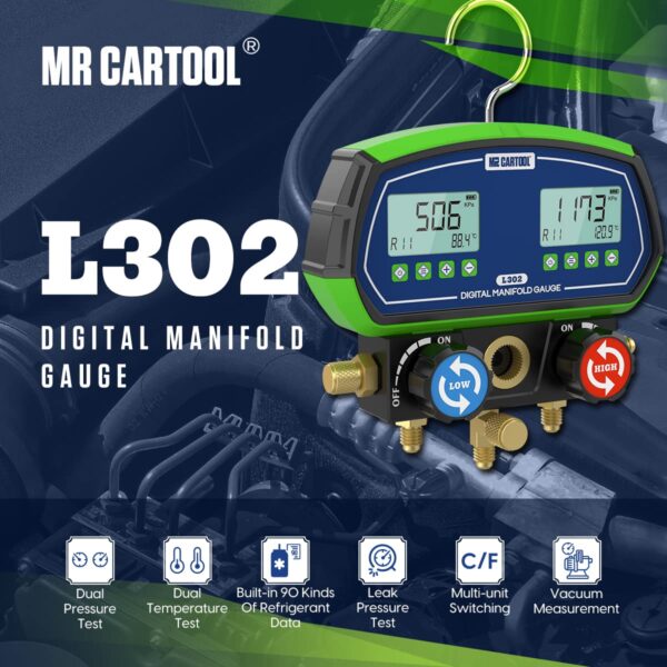 MR CARTOOL L302 Manometre Climatisation Voiture Numerique Manifold Manometre Refrigeration Jauge avec 3 Flexibles 90 Fluides Frigori