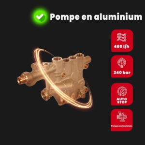 LEHMANN Missouri Nettoyeur haute pression avec pompe en aluminium, 2200 W, max. 240 bar, debit 480 lh, tuyau de pression 10 m, acce