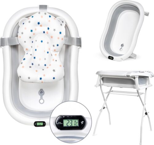 moovkee. Baignoire bebe avec Support 80cm - Baignoire Bebe sur Pied - Securisee et Confortable Bassine Pliable Bebe avec Thermometre