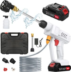 Nettoyeur Haute Pression avec Buse 6 en 1, 260 PSI Nettoyeur Haute Pression sans Fil avec 2 Batteries, avec Tuyau de 5M, Pot en Mous