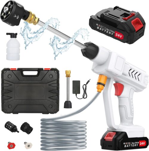 Nettoyeur Haute Pression avec Buse 6 en 1, 260 PSI Nettoyeur Haute Pression sans Fil avec 2 Batteries, avec Tuyau de 5M, Pot en Mous