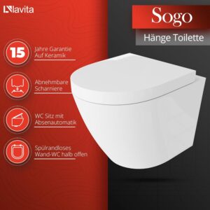 LAVITA Solido Start Wall Unit Sogo Wall-Mounted Toilet White Rimless Toilet Seat with Soft-Close Mechanism Chrome Button Complet