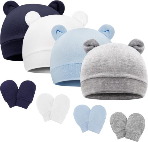 DRESHOW Bonnets de Naissance et Moufles de Protection Bebe Gants Bonnet Nouveau-ne Bambin Doux Mignon Tricote Chapeau 0-6 Mois, Tail