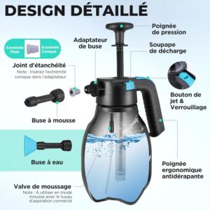 HAUSHOF Pulverisateur Mousse Manuel 2 L, Pulverisateur a Pression a Main avec 2 Buses Reglables, pour Lavage Voiture, Nettoyage Dome