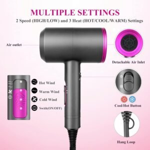 Seche Cheveux Professionnel 1800W,Seche-Cheveux Ionique,3Temperatures2 VitessesAir Froid,Sechoir Cheveux avec Diffuseur, Buse,Peig
