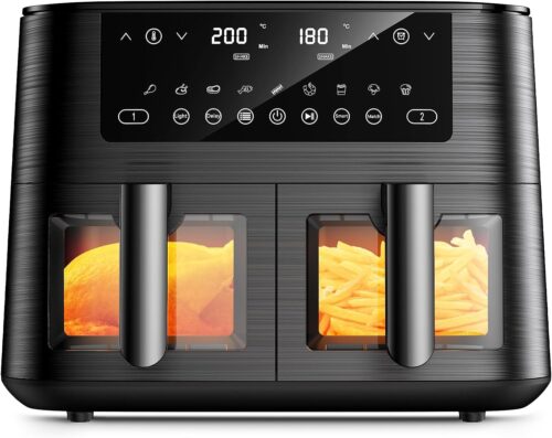 9L Dual Zone Air Fryer with Viewing Window, Oil Free Fryer with 2 Drawers, 9-in-1 Cooking Programs, Touch Screen, Appointment Functi