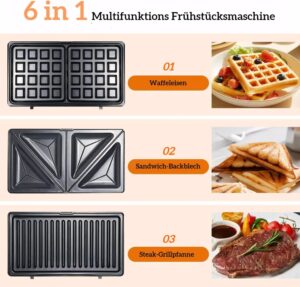 715xELGavTL._AC_SL1500_.jpg OKYUK Gaufrier, Gauffrier multifonctions 750W avec 6 plaques de gril antiadhesives amovibles, gauffrier repondant a differents besoi