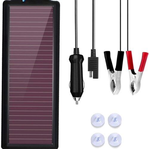 TRAMILY Solar Car Battery Maintenance Charger, Waterproof Portable Amorphous Solar Panel 12V 2.5W with Battery Clip for Cigarette Li