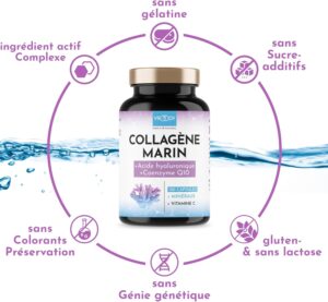 Premium Collagene Marin Complex 1000mg hautement dose Acide Hyaluronique - 120 Caps Coenzyme Q10, Zinc, Cuivre, Manganese, Vitam