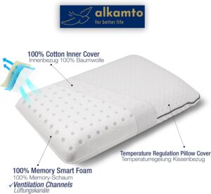 alkamto Oreiller de voyage ergonomique en mousse a memoire de forme avec coussin thermoregulateur - Sac de transport etanche inclus