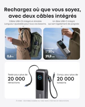 Anker Zolo Batterie Externe pour Ordinateurs Portables, Chargeur 25000mAh 3 Ports USB-C 100W pour Plusieurs appareils, cable integre