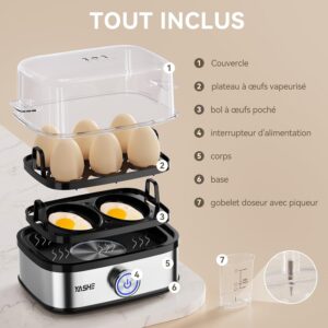 YASHE Cuiseur a œufs, cuisinier d'œufs compact de 400 W, 6 œufs faciles a peler, oeufs mollets, oeufs moyens, oeufs durs, Poacher, f