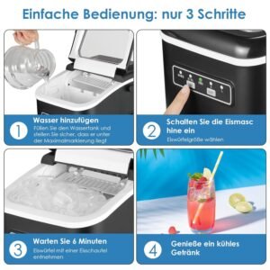 Machine à Glaçons - 12 kg/24h, 9 glaçons en 6min, 2 tailles