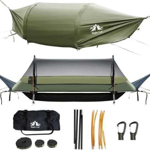 Night Cat Hamac Tente Fond Plat pour 1 Personne avec Moustiquaire Couverture Impermeable et Espace de Rangement Supplementaire Rando