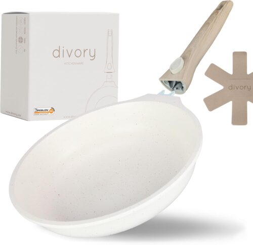 DIVORY Poele 24 cm I Poignee amovible induction Revetement aluminium - Poele moyenne protege-poele - Poele a induction
