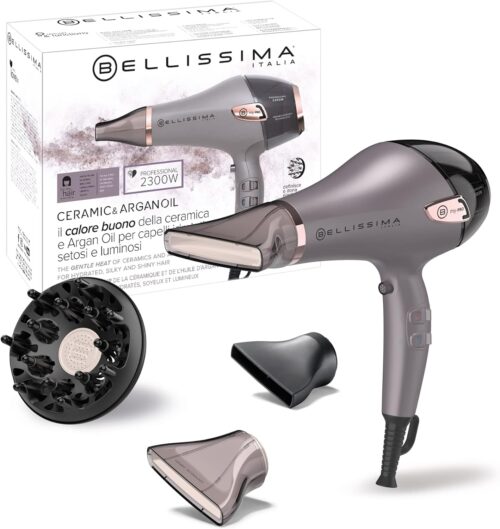 Bellissima Seche Cheveux Professionnel Ionique Ceramique et Huile d'Argan - Embout Etroit, Diffuseur Ceramique - 3 Temperatures, Sec