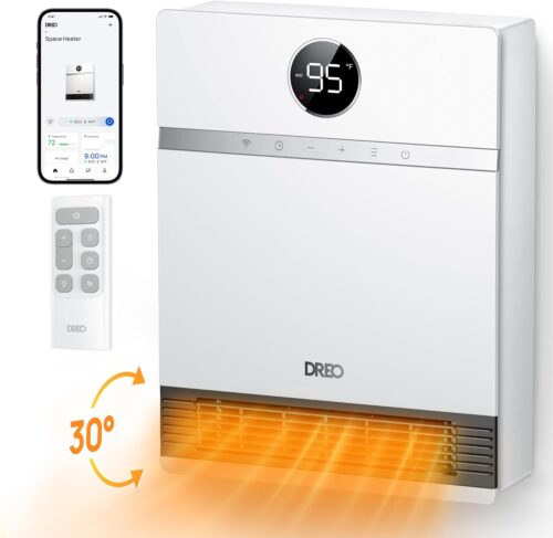 Dreo Chauffage mural intelligent, ventilateur de sortie 30, 1500 W, thermostat reglable, telecommande, minuterie, chauffage facile