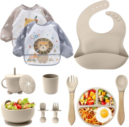 CUBTEM Assiette Bebe,Lot de 12 Set Repas BeBe, Bol Cuillere Bebe,Bavoir Silicone Bebe,Assiette Ventouse Pour BeBe,Enfant Set Couvert